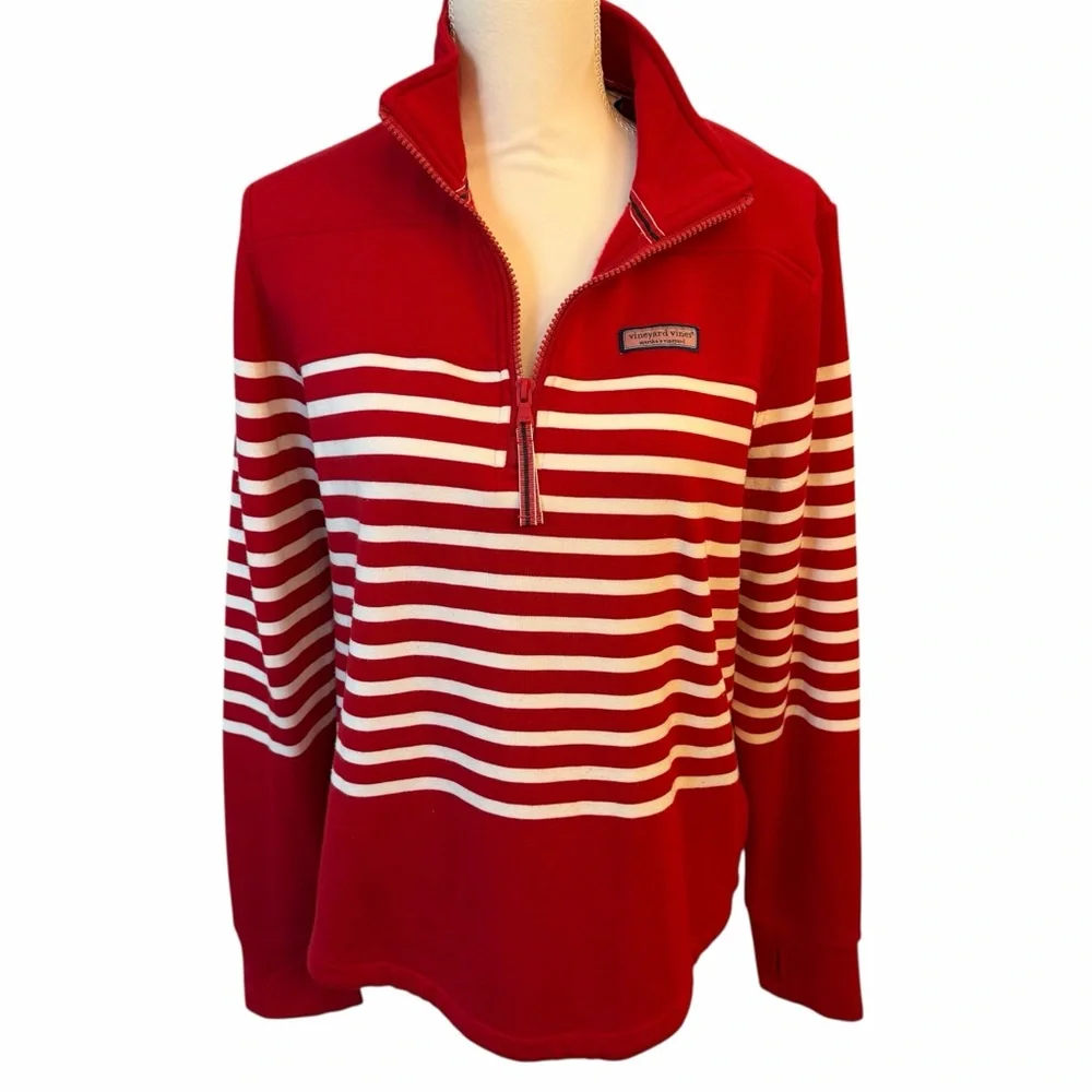 Vineyard Vines Pullover 1/4 Red Striped Relaxed Shep Shirt Soft Preppy Sz Medium - Picture 3 of 12